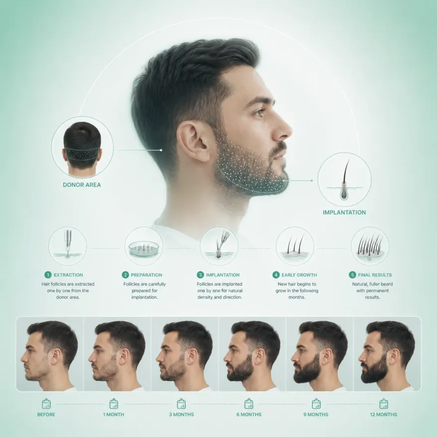 Trasplante de barba: zona donante, de la extracción a la implantación, y crecimiento del antes a los 12 meses