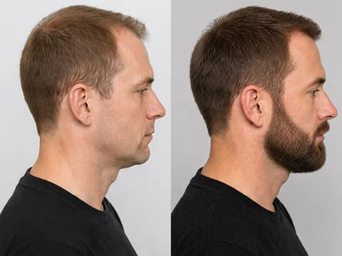 Before and after of a sparse beard, seen in profile