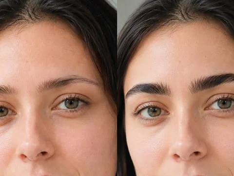 Before and after of thin eyebrows, close-up