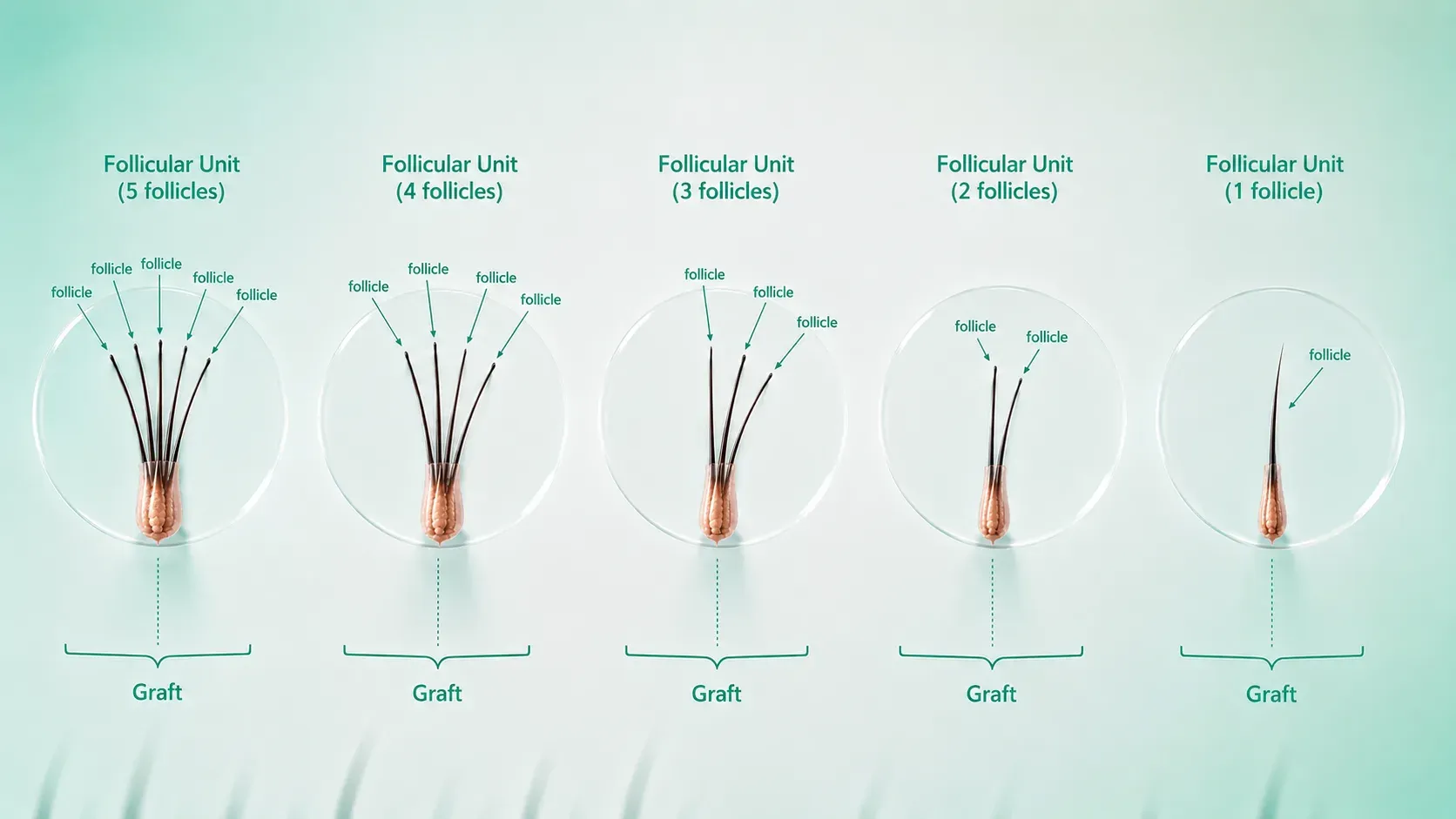 Five follicular units side by side, from five follicles down to one, each bracketed as a single graft