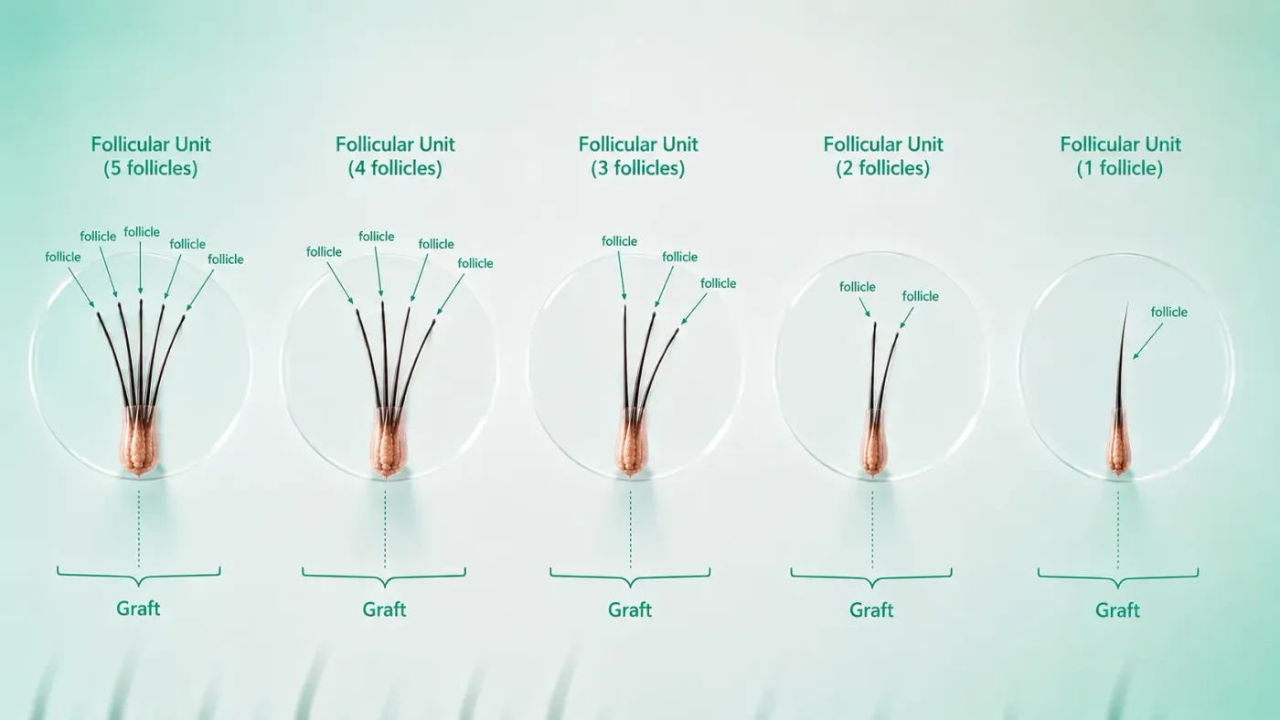 Five follicular units side by side, from five follicles down to one, each bracketed as a single graft