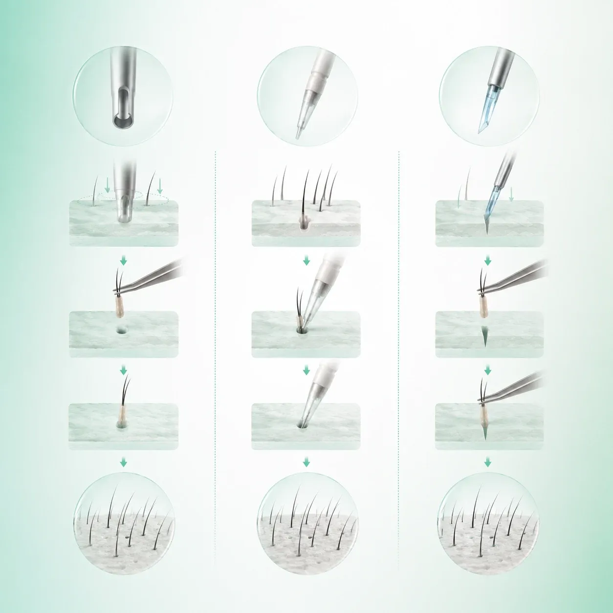 FUE, DHI and Sapphire compared step by step