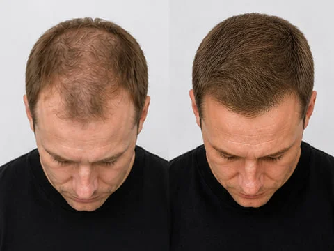 Before and after of thinning hair on the crown, seen from above