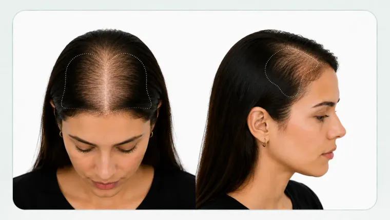 Grade I-3, top of the scalp with the part line widened and thinning spreading sideways
