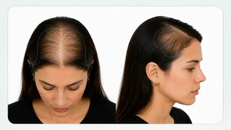 Grade I-4, top of the scalp with a wide oval of thinning around the part