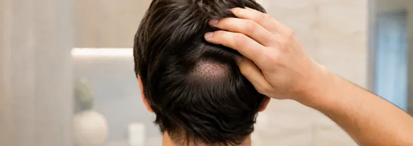 Zona donante de un paciente de FUE sin rasurar en el día uno, con el área de extracción oculta bajo el cabello largo