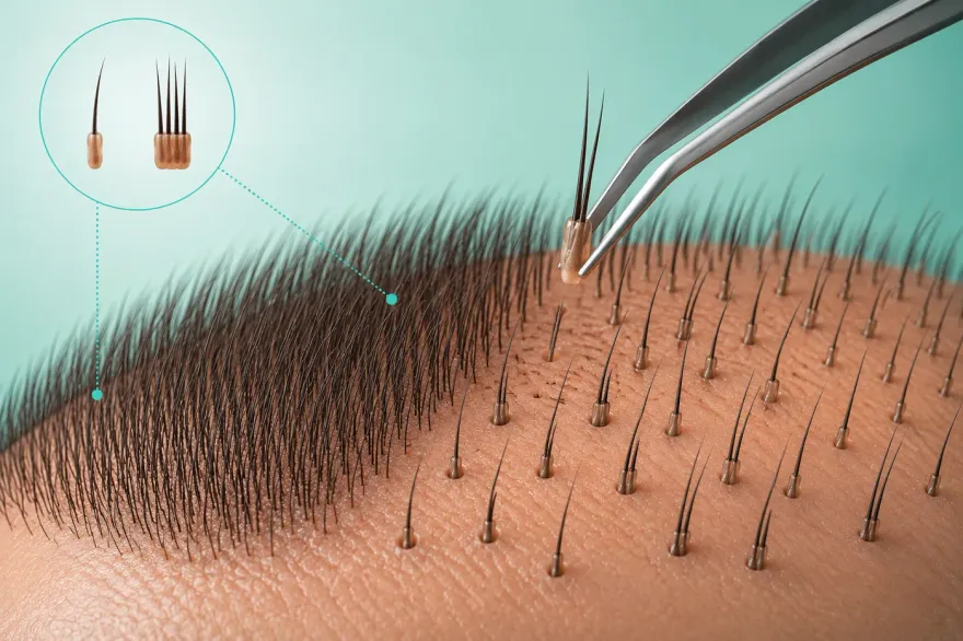 Pinzas colocando un injerto folicular individual, con un recuadro que compara injertos de un cabello y de varios cabellos
