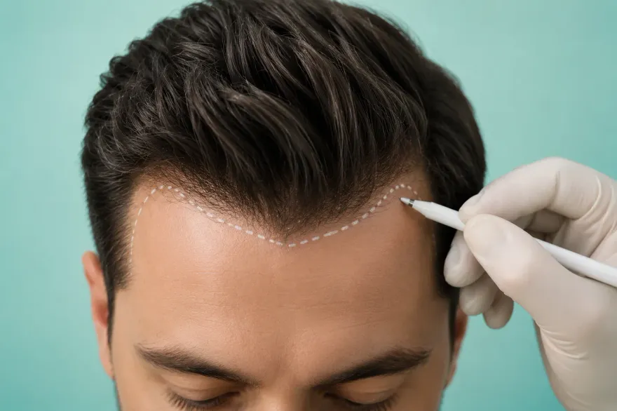 Médico dibujando la línea frontal planeada en un paciente con un marcador quirúrgico