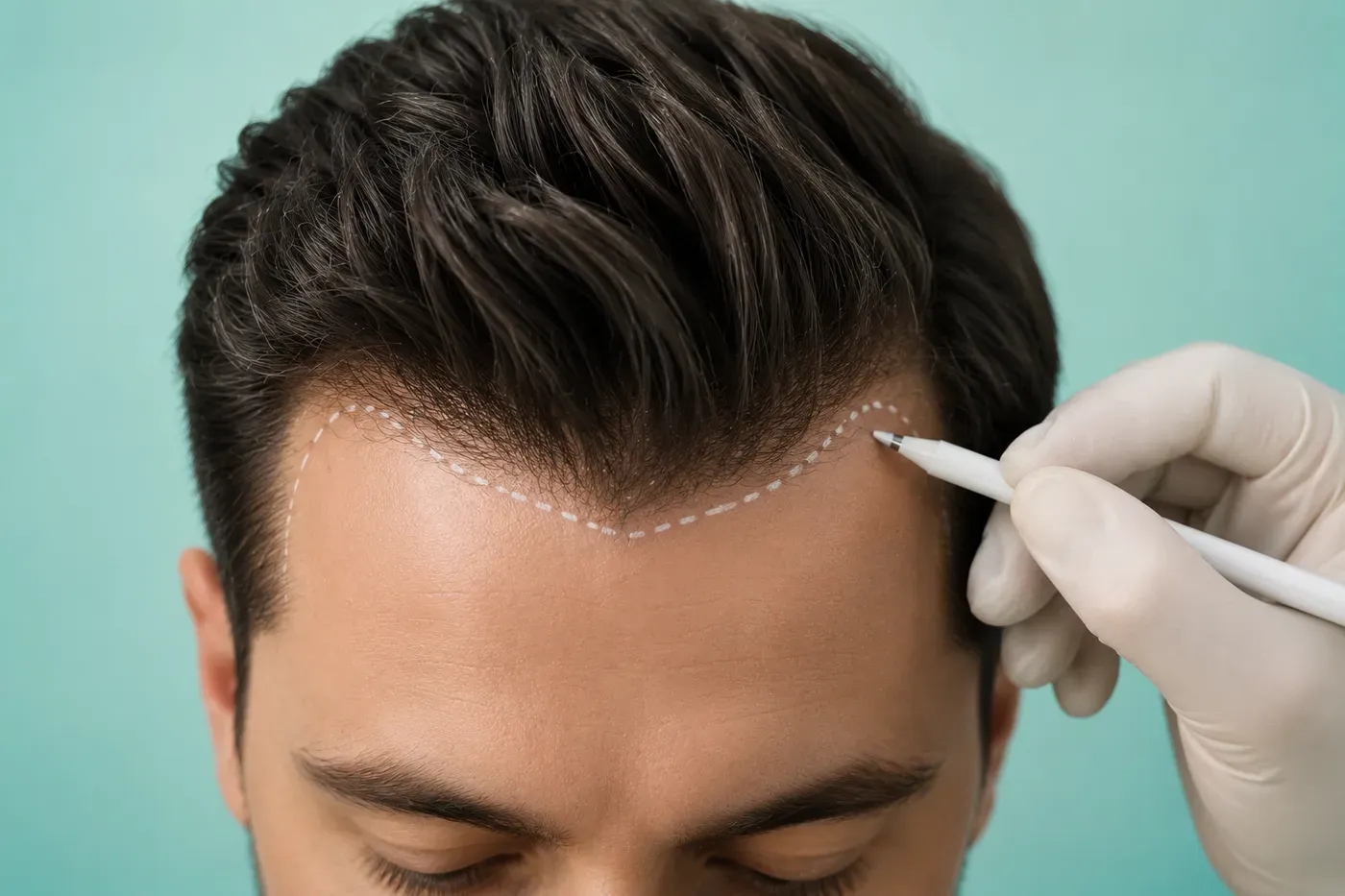 Médico dibujando la línea frontal planeada en un paciente con un marcador quirúrgico