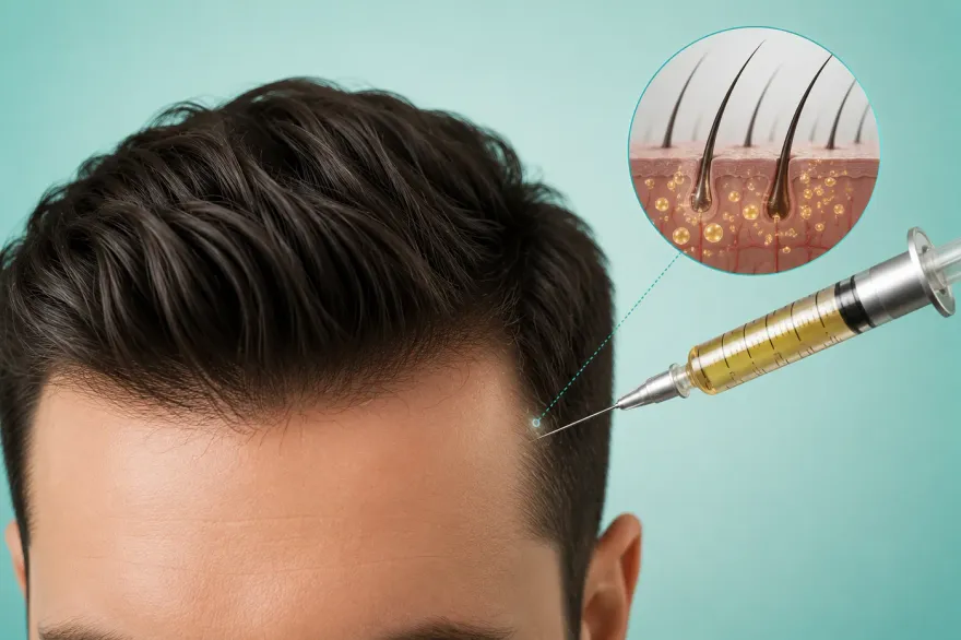 Inyección regenerativa cerca de la línea frontal con un corte transversal ampliado de un folículo en la piel
