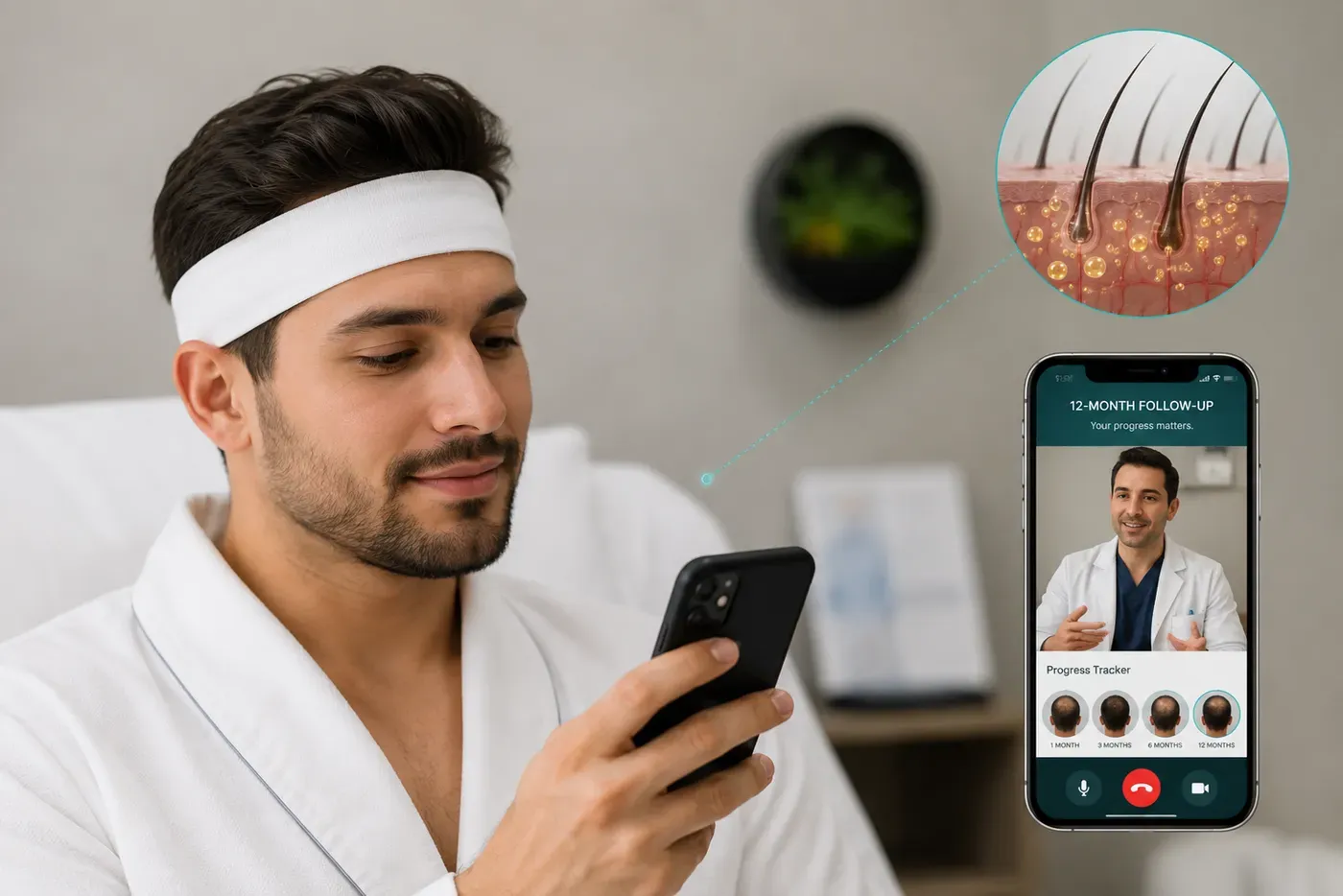 Paciente revisando una app de seguimiento de progreso de 12 meses con su médico en videollamada
