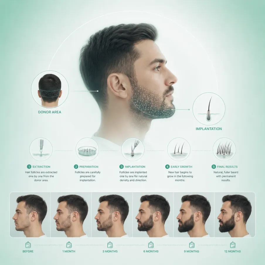 Beard transplant process, from extraction and preparation to implantation, early growth and final results, with a before to 12-month progression