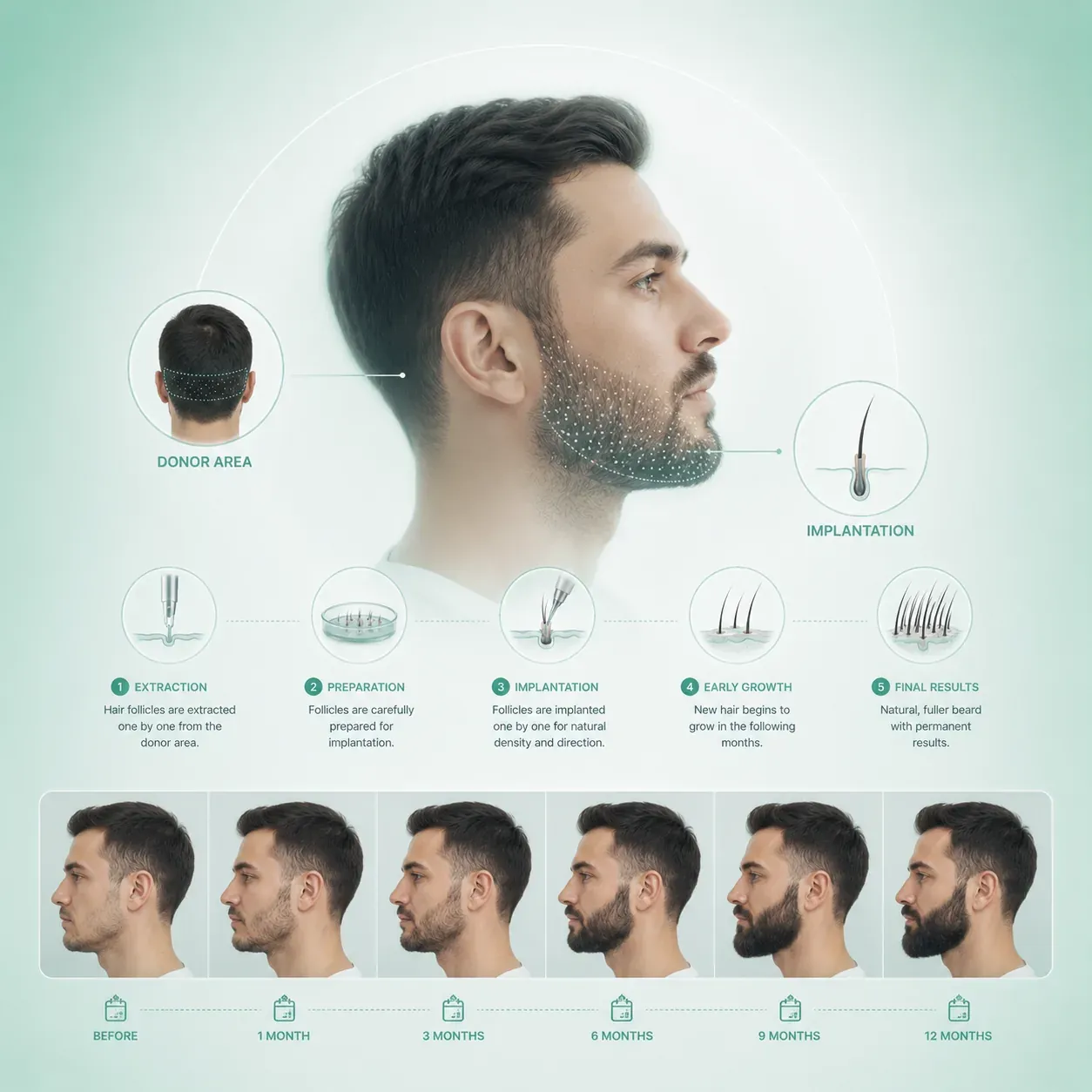 Beard transplant process, from extraction and preparation to implantation, early growth and final results, with a before to 12-month progression