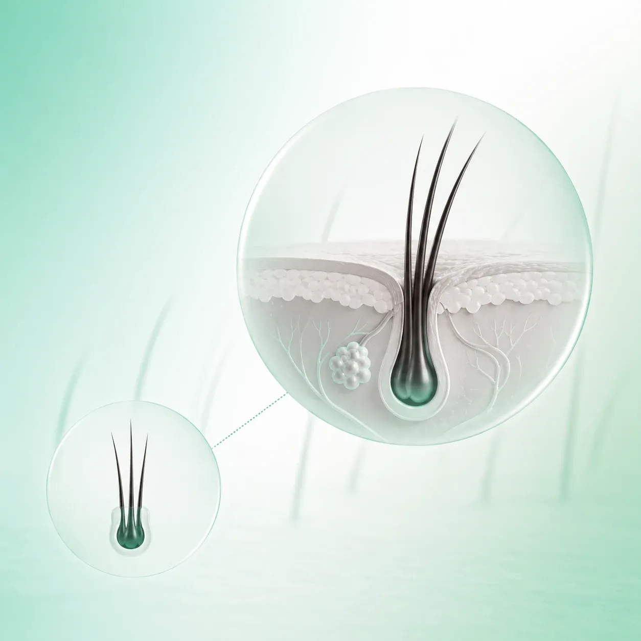 A follicular unit in the skin, magnified to show several hairs sharing one root