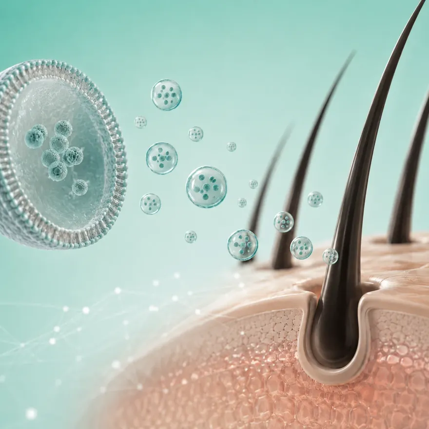 3D illustration of exosomes reaching a hair follicle in the scalp